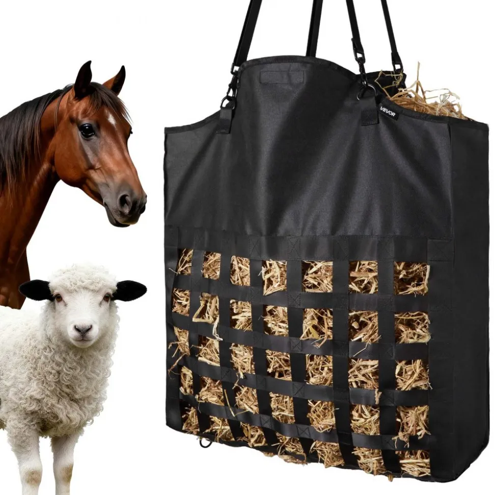 VEVOR Hay Bag for Horses, 21.65 x 7.28 x 25.2 in, 1.81 x 1.81 in Holes, Premium Nylon Construction with PVC Waterproof Coating, Adjustable Hanging Straps and Metal Hooks, Slow Feed Hay Bag for Horses