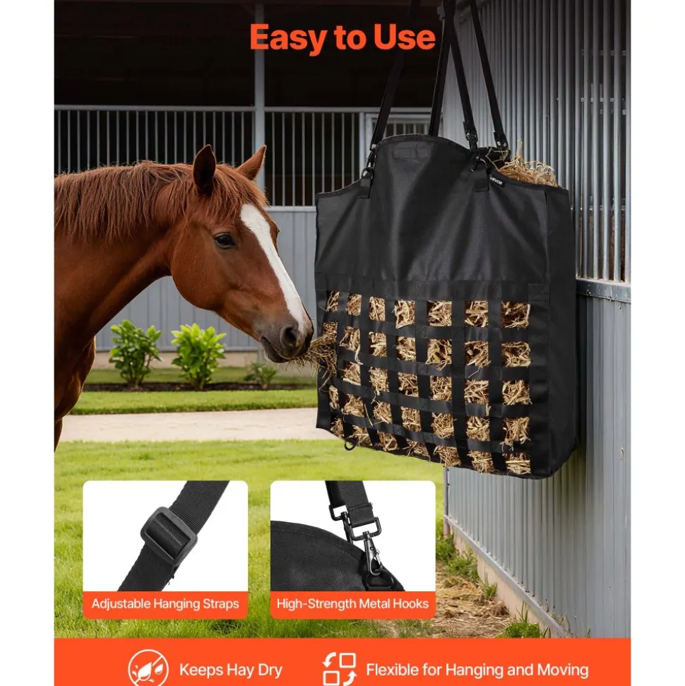 VEVOR Hay Bag for Horses, 21.65 x 7.28 x 25.2 in, 1.81 x 1.81 in Holes, Premium Nylon Construction with PVC Waterproof Coating, Adjustable Hanging Straps and Metal Hooks, Slow Feed Hay Bag for Horses