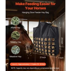 VEVOR Hay Bag for Horses, 21.65 x 7.28 x 25.2 in, 1.81 x 1.81 in Holes, Premium Nylon Construction with PVC Waterproof Coating, Adjustable Hanging Straps and Metal Hooks, Slow Feed Hay Bag for Horses