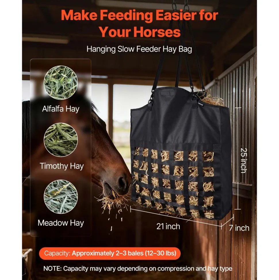 VEVOR Hay Bag for Horses, 21.65 x 7.28 x 25.2 in, 1.81 x 1.81 in Holes, Premium Nylon Construction with PVC Waterproof Coating, Adjustable Hanging Straps and Metal Hooks, Slow Feed Hay Bag for Horses
