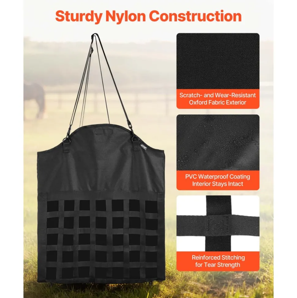 VEVOR Hay Bag for Horses, 21.65 x 7.28 x 25.2 in, 1.81 x 1.81 in Holes, Premium Nylon Construction with PVC Waterproof Coating, Adjustable Hanging Straps and Metal Hooks, Slow Feed Hay Bag for Horses