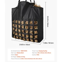 VEVOR Hay Bag for Horses, 21.65 x 7.28 x 25.2 in, 1.81 x 1.81 in Holes, Premium Nylon Construction with PVC Waterproof Coating, Adjustable Hanging Straps and Metal Hooks, Slow Feed Hay Bag for Horses