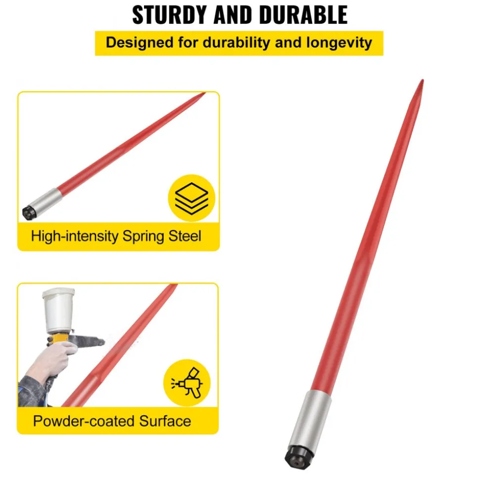 VEVOR Hay Spear 49" Bale Spear 4500 lbs Capacity, Bale Spike Quick Attach Square Hay Bale Spears 1 3/4" wide, Red Coated Bale Forks, Bale Hay Spike with Hex Nut & Sleeve for Buckets Tractors Loaders