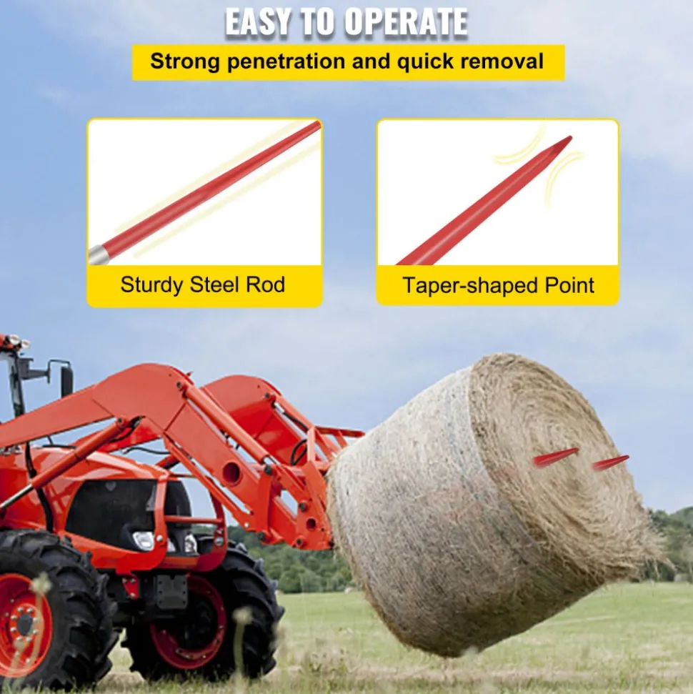 VEVOR Hay Spear 49" Bale Spear 4500 lbs Capacity, Bale Spike Quick Attach Square Hay Bale Spears 1 3/4" wide, Red Coated Bale Forks, Bale Hay Spike with Hex Nut & Sleeve for Buckets Tractors Loaders