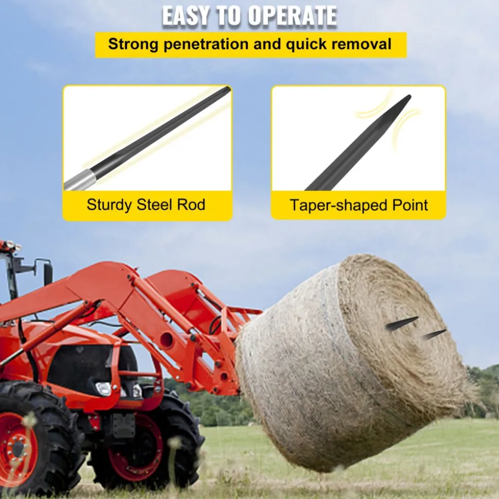 VEVOR Hay Spear 39" Bale Spear 3600 lbs Capacity, Bale Spike Quick Attach Square Hay Bale Spears 1 3/4", Black Coated Bale Forks, Bale Hay Spike with Hex Nut and Sleeve for Buckets Tractors Loaders