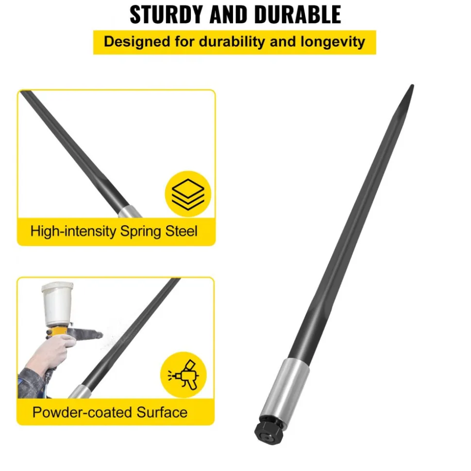 VEVOR Hay Spear 39" Bale Spear 3600 lbs Capacity, Bale Spike Quick Attach Square Hay Bale Spears 1 3/4", Black Coated Bale Forks, Bale Hay Spike with Hex Nut and Sleeve for Buckets Tractors Loaders