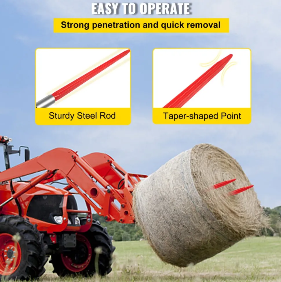 VEVOR Hay Spear 32" Bale Spear 1350 lbs Capacity, Bale Spike Quick Attach Square Hay Bale Spears 1.4" Wide, Red Coated Bale Forks, Bale Hay Spike with Hex Nut & Sleeve for Buckets Tractors Loaders