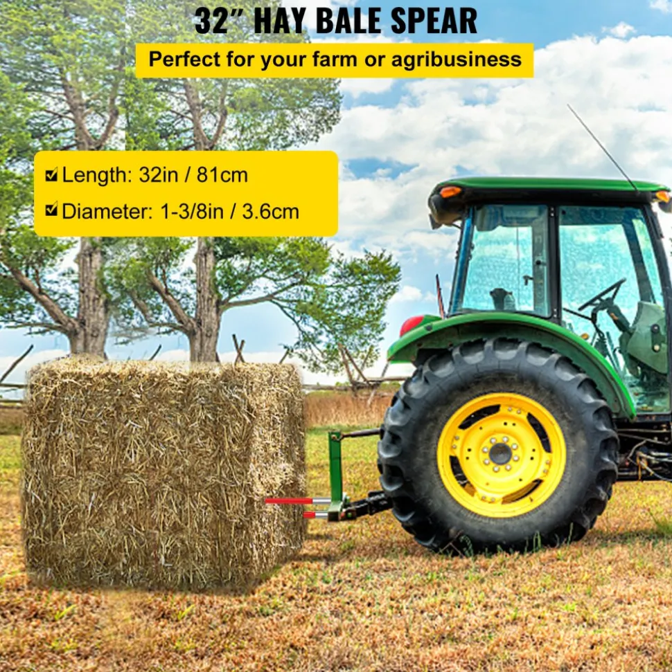 VEVOR Hay Spear 32" Bale Spear 1350 lbs Capacity, Bale Spike Quick Attach Square Hay Bale Spears 1.4" Wide, Red Coated Bale Forks, Bale Hay Spike with Hex Nut & Sleeve for Buckets Tractors Loaders