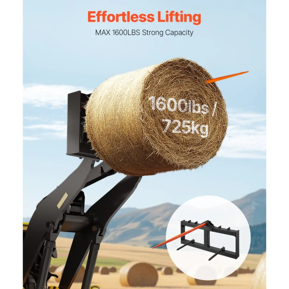 VEVOR 49" Hay Spear, Bale Spears 1600lbs Loading Capacity, Skid Steer Loader Tractor Attachment with 2pcs 17.5" Stabilizer Spears, Quick Attach Spike Forks