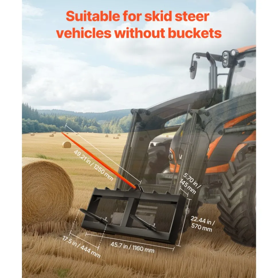 VEVOR 49" Hay Spear, Bale Spears 1600lbs Loading Capacity, Skid Steer Loader Tractor Attachment with 2pcs 17.5" Stabilizer Spears, Quick Attach Spike Forks