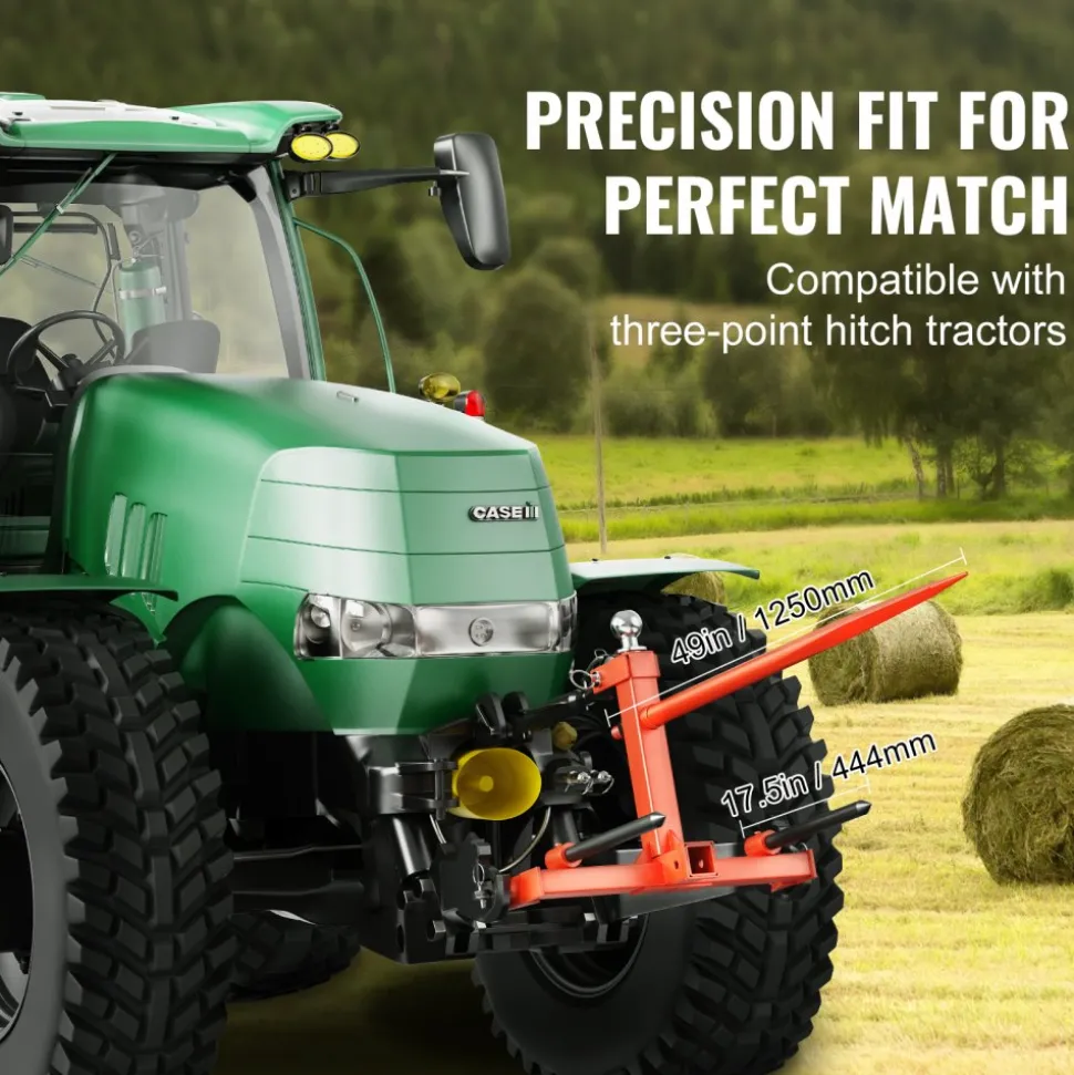VEVOR 49" Hay Spear, Bale Spears 1600lbs Loading Capacity, Three-Point Hitch Tractor Attachment with 2pcs 17.5" Stabilizer Spears, Quick Attach Spike Forks