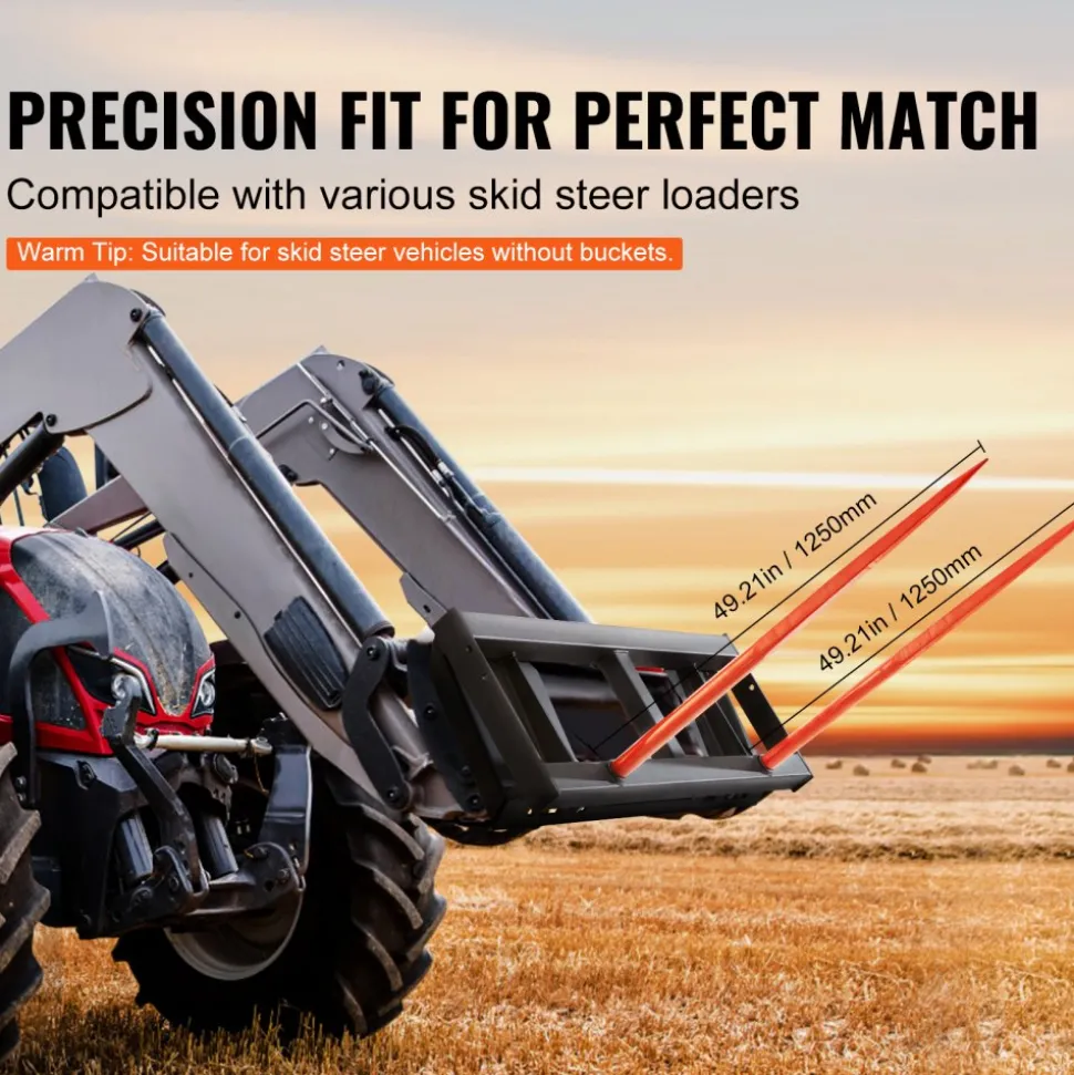 VEVOR 49" Hay Spear, Bale Spears 3000lbs Loading Capacity, Skid Steer Loader Tractor Attachment 2pcs Spears, Quick Attach Spike Forks