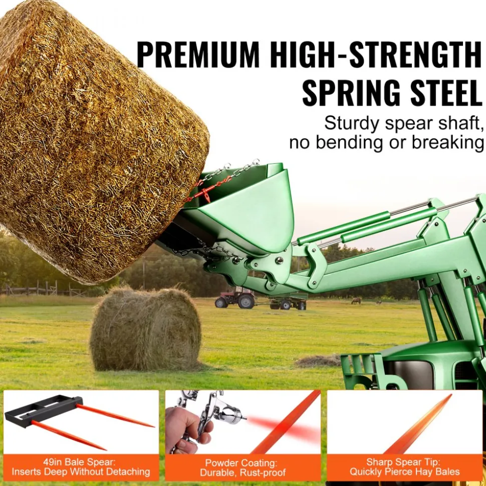 VEVOR 49" Hay Spear, Bale Spears 3000lbs Loading Capacity, Skid Steer Loader Tractor Bucket Attachment with 2pcs 17.5" Stabilizer Spears and 60" Chain, Quick Attach Spike Forks