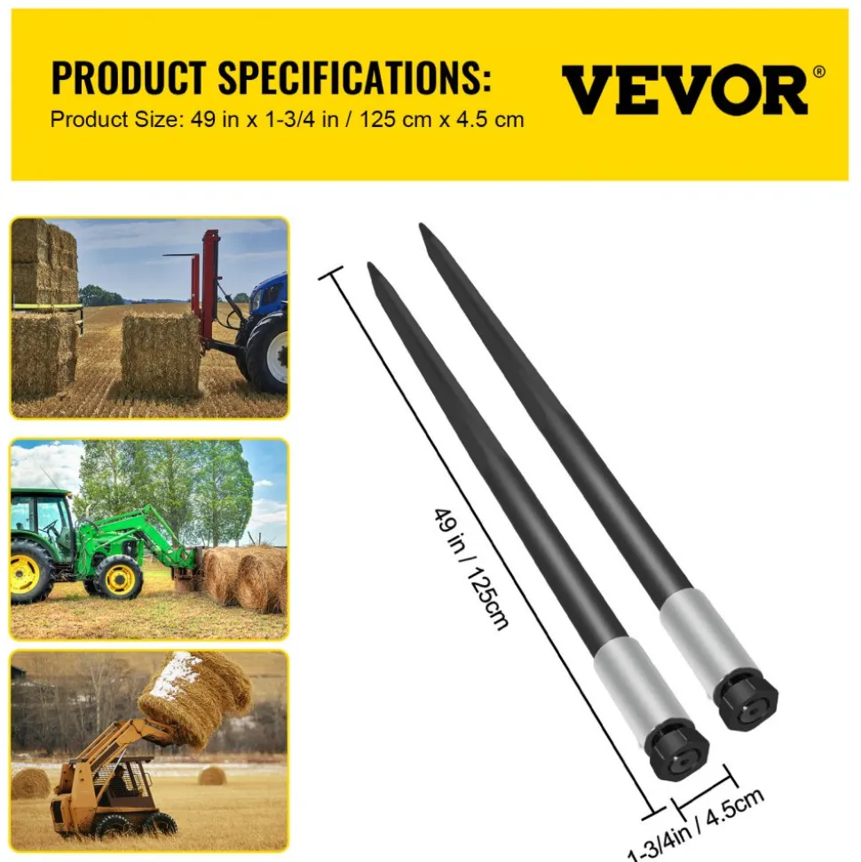 VEVOR Hay Spear Spears 49" Hay Bale Spear Spike, 4000 lbs Capacity Quick Attach Square Hay Bale Spears, 2 Pics Black Bale Forks, Bale Hay Spike with Hex Nut & Sleeve for Buckets Tractors Loaders