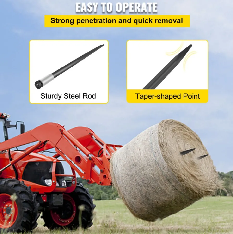 VEVOR Hay Spear Spears 49" Hay Bale Spear Spike, 4000 lbs Capacity Quick Attach Square Hay Bale Spears, 2 Pics Black Bale Forks, Bale Hay Spike with Hex Nut & Sleeve for Buckets Tractors Loaders