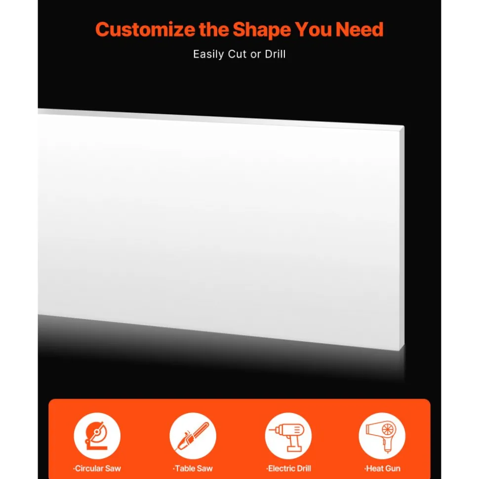 VEVOR HDPE Plastic Sheet Board, 1 Pack High Density Polyethylene Sheet Plastic Panel, 24 x 48 Inch 1/2 Inch Thick Customizable Plastic Panels, for DIY Crafts, Heavy Duty Industrial Equipment, White