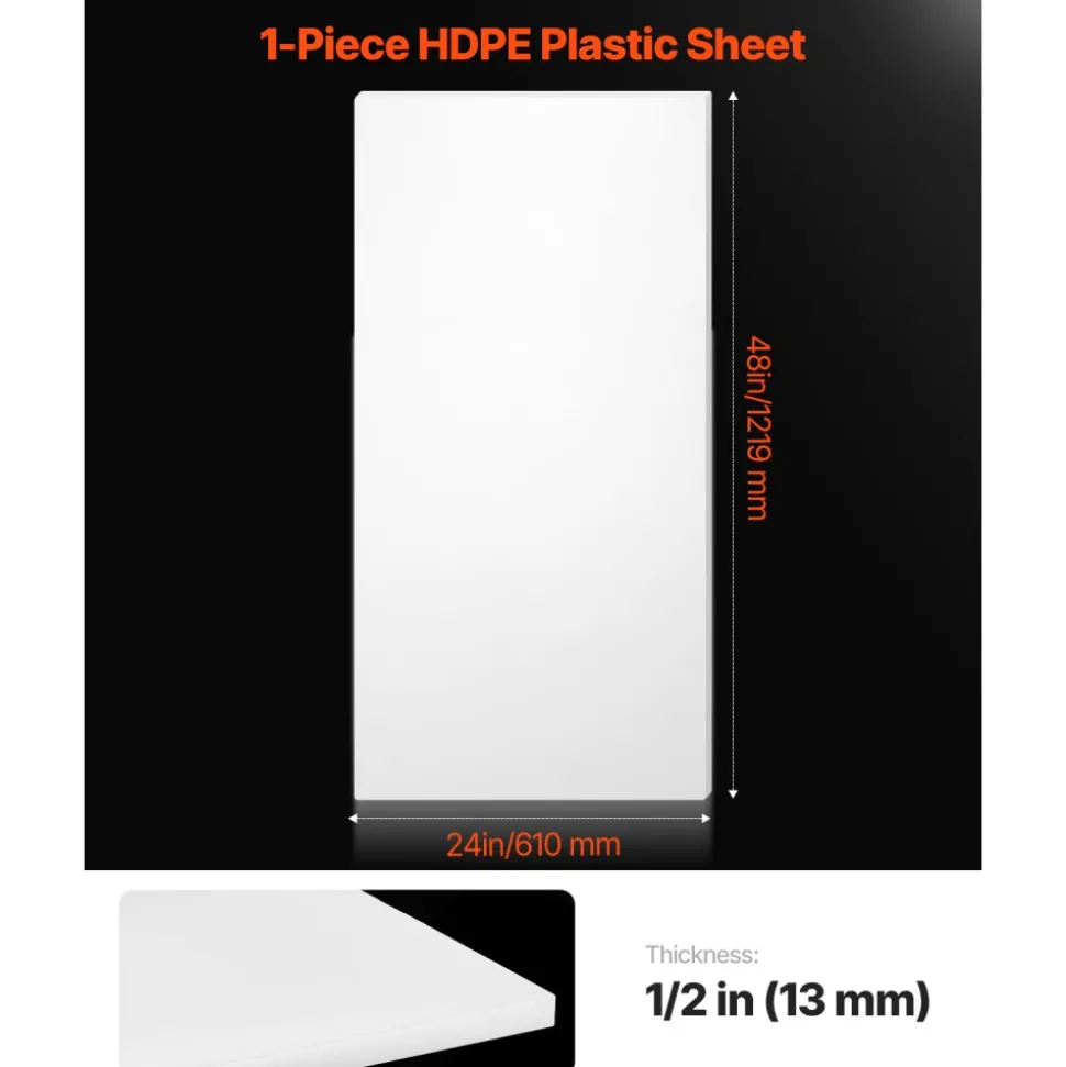 VEVOR HDPE Plastic Sheet Board, 1 Pack High Density Polyethylene Sheet Plastic Panel, 24 x 48 Inch 1/2 Inch Thick Customizable Plastic Panels, for DIY Crafts, Heavy Duty Industrial Equipment, White
