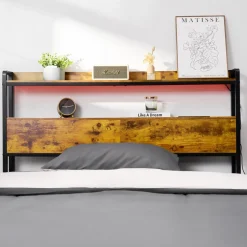VEVOR Headboard for Full Size Bed, Adjustable Height Headboard with 2 Shelves Storage, Freestanding Head Board with Charging Station and LED Light for Different Bed Frames, Easy Assembly, Brown