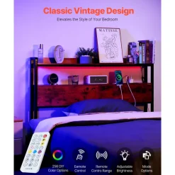 VEVOR Headboard for Full Size Bed, Adjustable Height Headboard with 2 Shelves Storage, Freestanding Head Board with Charging Station and LED Light for Different Bed Frames, Easy Assembly, Brown
