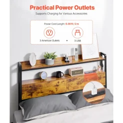 VEVOR Headboard for Full Size Bed, Adjustable Height Headboard with 2 Shelves Storage, Freestanding Head Board with Charging Station and LED Light for Different Bed Frames, Easy Assembly, Brown