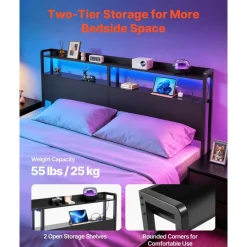 VEVOR Headboard for King Size Bed, with 2 Storage Shelves, LED Light, 3 Outlets, and 3 USB Ports, Sturdy and Stable Carbon Steel Frame Head Board with Charging Station, Adjustable Height, Black