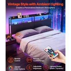 VEVOR Headboard for King Size Bed, with 2 Storage Shelves, LED Light, 3 Outlets, and 3 USB Ports, Sturdy and Stable Carbon Steel Frame Head Board with Charging Station, Adjustable Height, Black