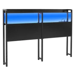 VEVOR Headboard for Queen Size Bed, with 2 Storage Shelves, LED Light, 3 Outlets, and 3 USB Ports, Sturdy and Stable Carbon Steel Frame Head Board with Charging Station, Adjustable Height, Black