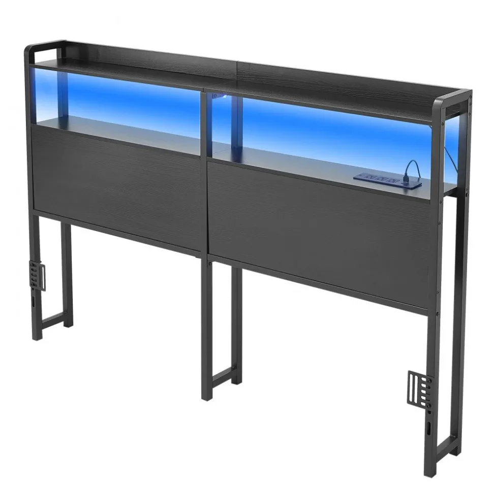 VEVOR Headboard for Queen Size Bed, with 2 Storage Shelves, LED Light, 3 Outlets, and 3 USB Ports, Sturdy and Stable Carbon Steel Frame Head Board with Charging Station, Adjustable Height, Black