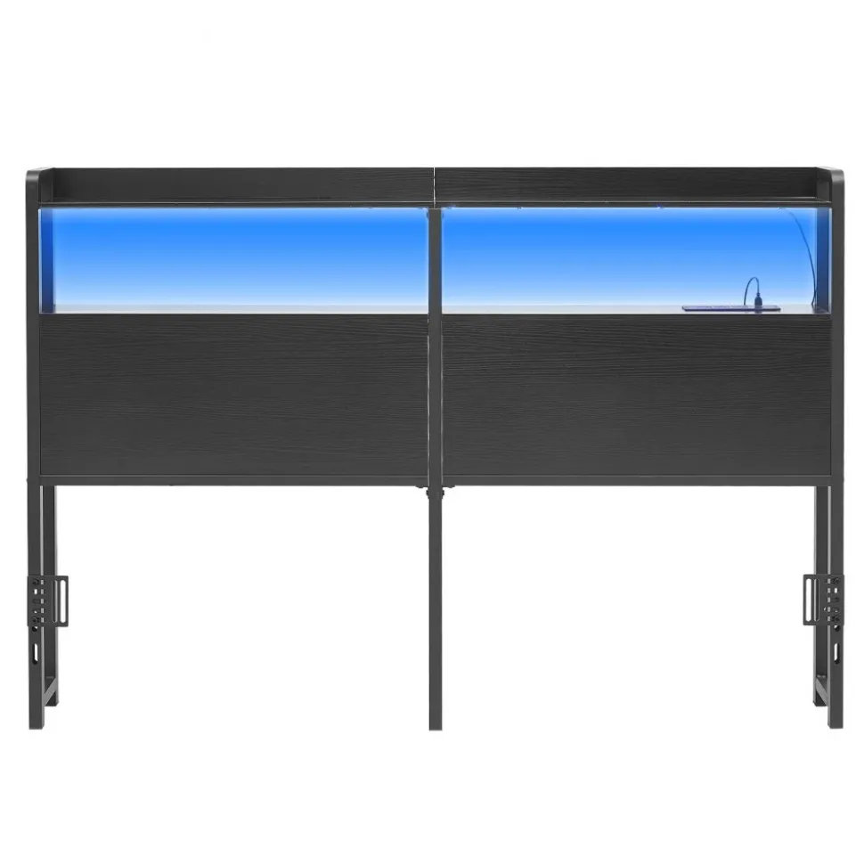 VEVOR Headboard for Queen Size Bed, with 2 Storage Shelves, LED Light, 3 Outlets, and 3 USB Ports, Sturdy and Stable Carbon Steel Frame Head Board with Charging Station, Adjustable Height, Black