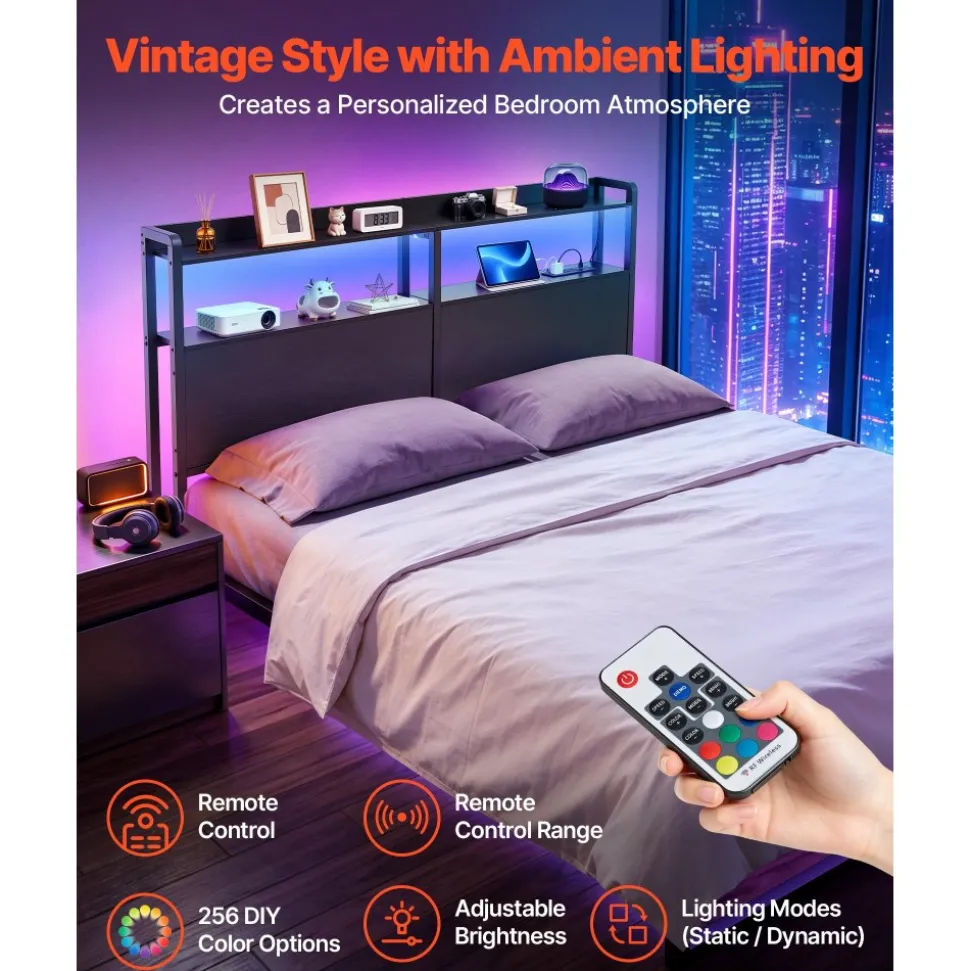 VEVOR Headboard for Queen Size Bed, with 2 Storage Shelves, LED Light, 3 Outlets, and 3 USB Ports, Sturdy and Stable Carbon Steel Frame Head Board with Charging Station, Adjustable Height, Black