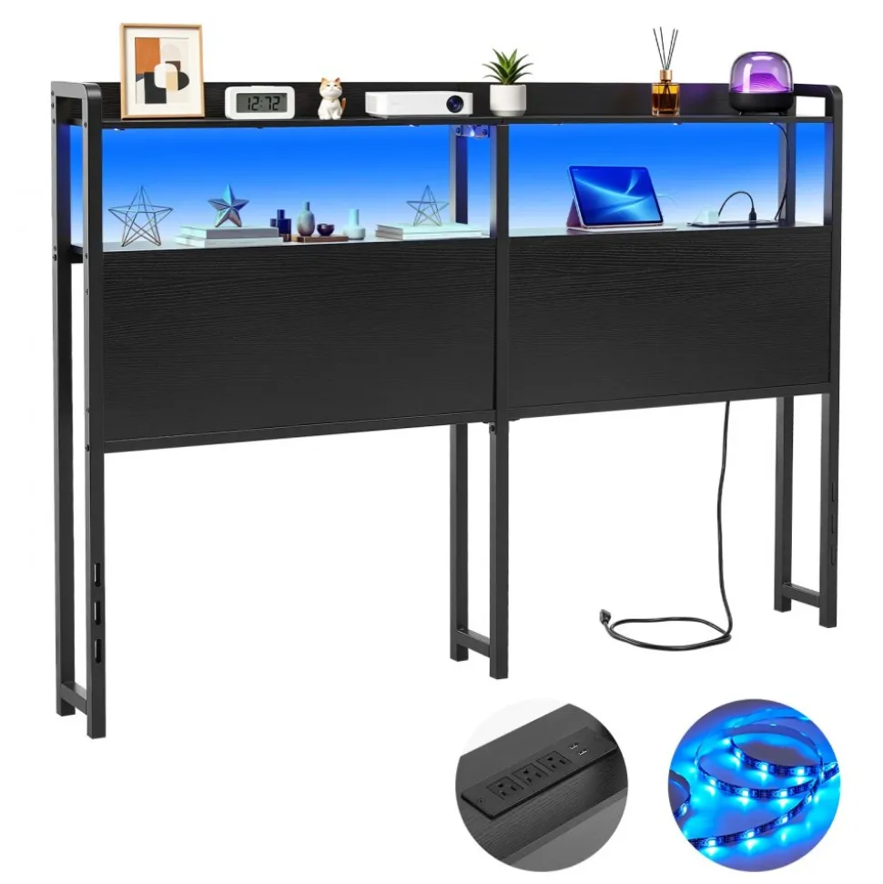 VEVOR Headboard for Queen Size Bed, with 2 Storage Shelves, LED Light, 3 Outlets, and 3 USB Ports, Sturdy and Stable Carbon Steel Frame Head Board with Charging Station, Adjustable Height, Black