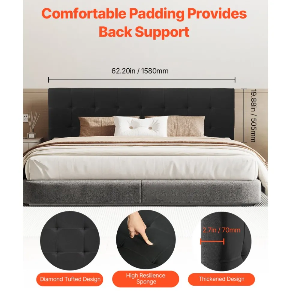 VEVOR Headboard, Queen Size Headboard with Adjustable Height, Comfortable Diamond Tufted for Queen Size Bed, W62.2 x H(42.72-54.53) x D2.76 in, Ideal for Bedroom, Hotel, Homestay, Dormitory, Black