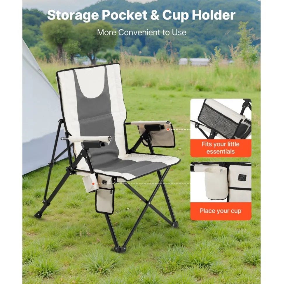 VEVOR Heated Camping Chair, 3 Heat Settings, High Back Folding Camping Chair, Supports 260lbs, Full Padded Beach Chairs with Armrest & Cupholder, Portable Lawn Chairs for Outdoor Sports Travel