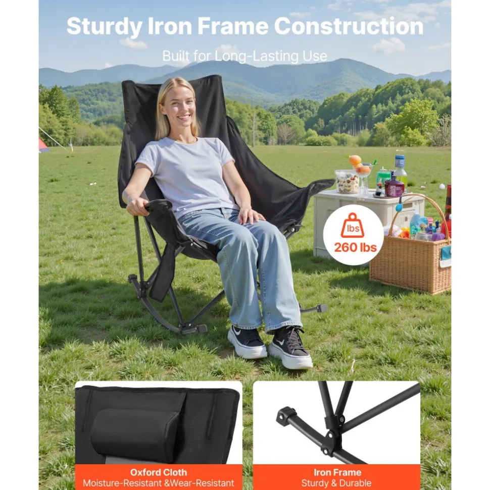 VEVOR Heated Camping Chair, 3 Heating Settings, Large-Sized Padded Folding Rocker, Heavy Duty Outdoor Lawn Chairs with Pocket & Cupholder, Support 225lbs, Portable Heated Chair for Sports Winter Use