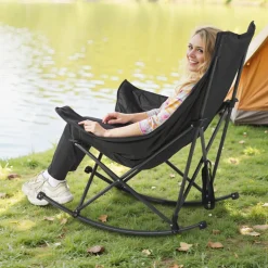 VEVOR Heated Camping Chair, 3 Heating Settings, Large-Sized Padded Folding Rocker, Heavy Duty Outdoor Lawn Chairs with Pocket & Cupholder, Support 225lbs, Portable Heated Chair for Sports Winter Use