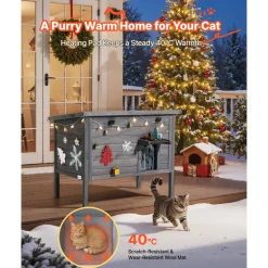 VEVOR Heated Cat House, Insulated Wooden Cat House for Outdoor Cats, Waterproof Feral Kitty Shelter with Heating Pad, PVC Flap Door & Openable Asphalt Roof for 1-3 Cats in Winter, 34 x 21 x 27 in