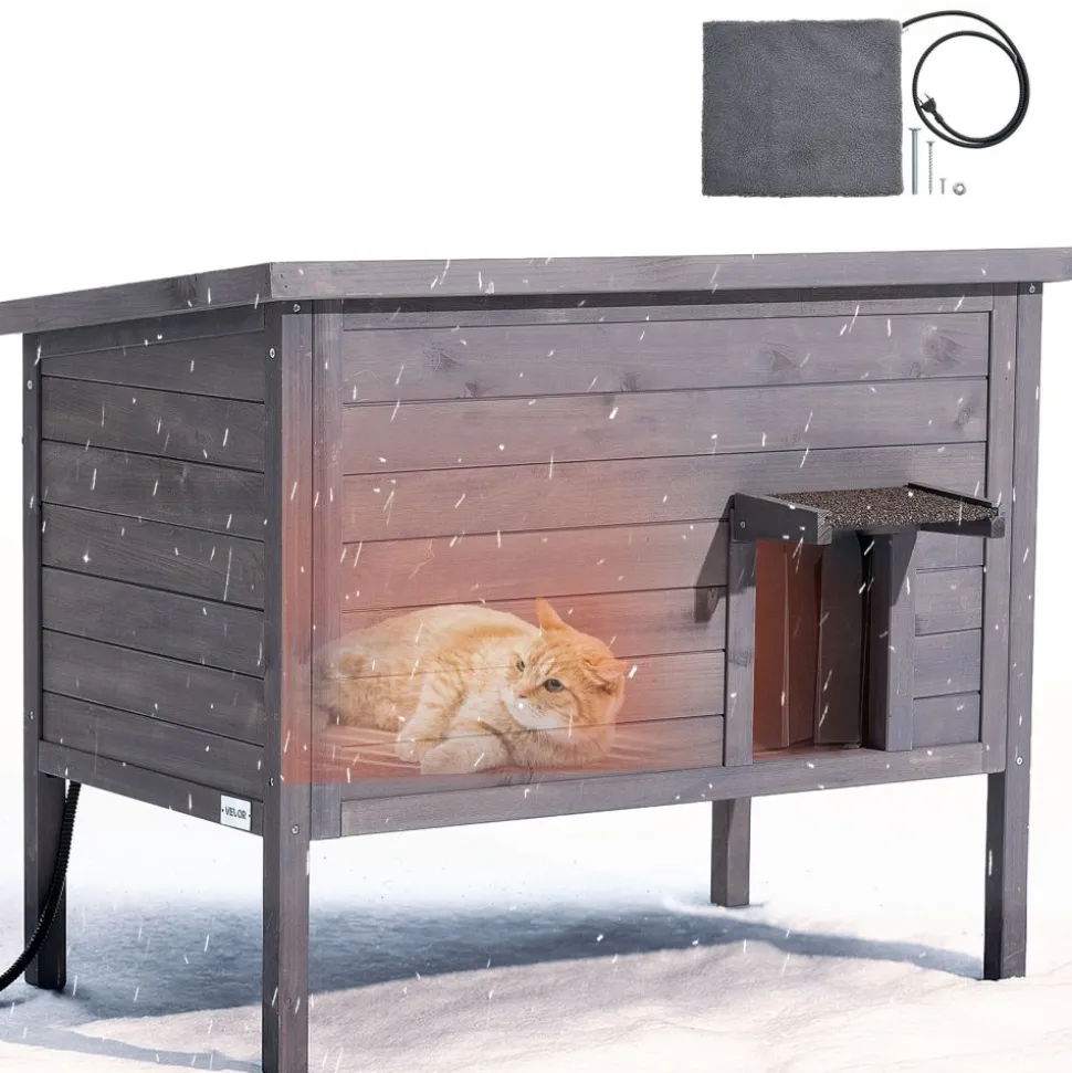 VEVOR Heated Cat House, Insulated Wooden Cat House for Outdoor Cats, Waterproof Feral Kitty Shelter with Heating Pad, PVC Flap Door & Openable Asphalt Roof for 1-3 Cats in Winter, 34 x 21 x 27 in