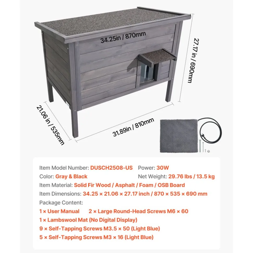 VEVOR Heated Cat House, Insulated Wooden Cat House for Outdoor Cats, Waterproof Feral Kitty Shelter with Heating Pad, PVC Flap Door & Openable Asphalt Roof for 1-3 Cats in Winter, 34 x 21 x 27 in