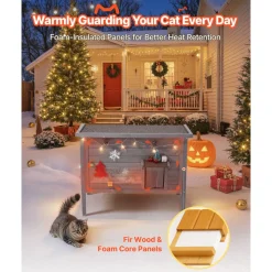 VEVOR Heated Cat House, Insulated Wooden Cat House for Outdoor Cats, Waterproof Feral Kitty Shelter with Heating Pad, PVC Flap Door & Openable Asphalt Roof for 1-3 Cats in Winter, 34 x 21 x 27 in