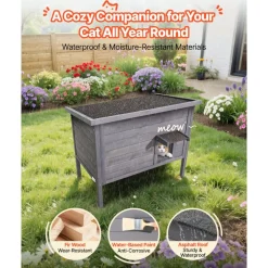 VEVOR Heated Cat House, Insulated Wooden Cat House for Outdoor Cats, Waterproof Feral Kitty Shelter with Heating Pad, PVC Flap Door & Openable Asphalt Roof for 1-3 Cats in Winter, 34 x 21 x 27 in