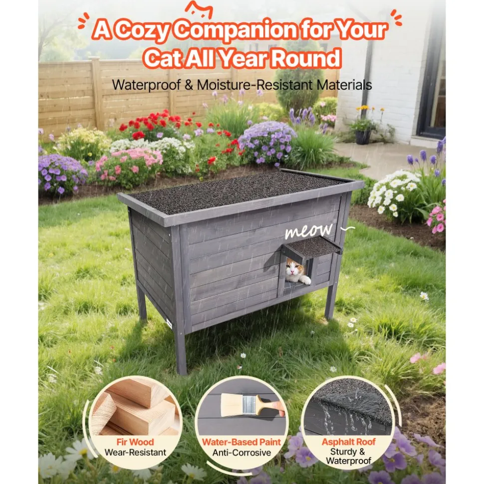 VEVOR Heated Cat House, Insulated Wooden Cat House for Outdoor Cats, Waterproof Feral Kitty Shelter with Heating Pad, PVC Flap Door & Openable Asphalt Roof for 1-3 Cats in Winter, 34 x 21 x 27 in