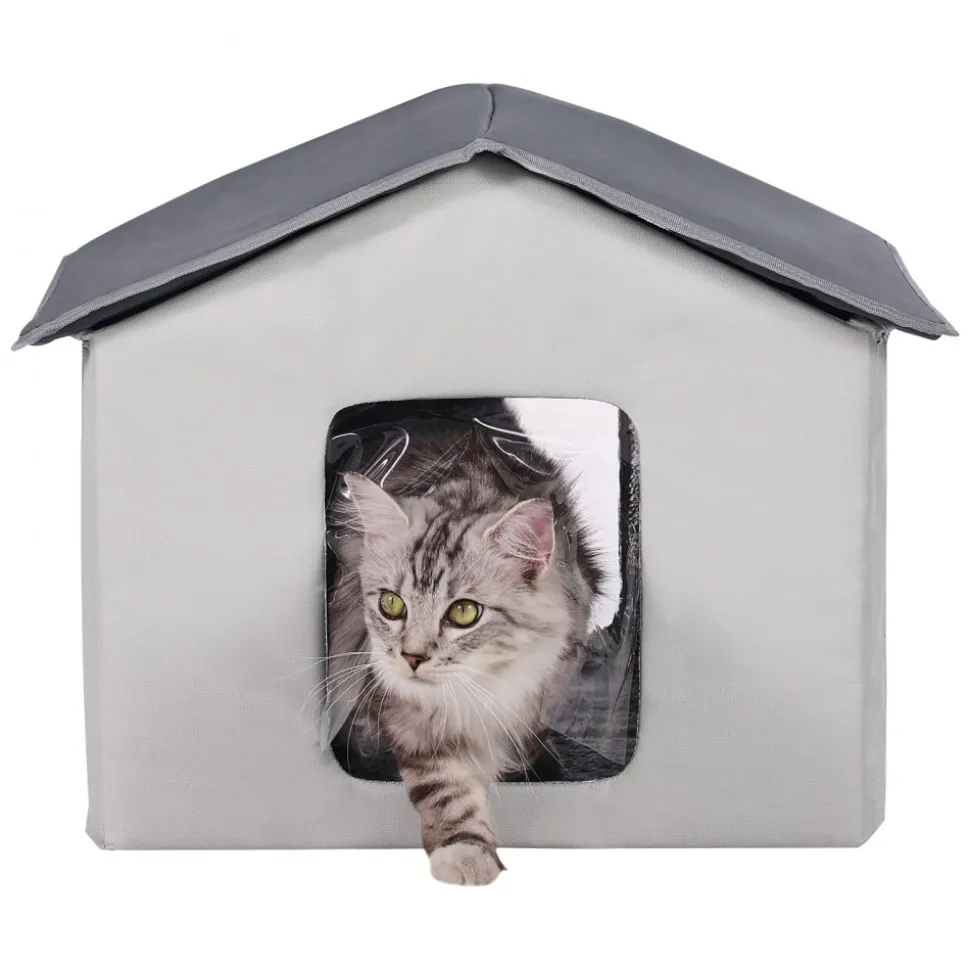 VEVOR Heated Cat House, Outdoor Kitty Shelter with Timer, 600D Oxford Cloth Foldable Cat Shelter with Heated Pad for Winter to Stay Warm and Cozy, Gray (Middle)
