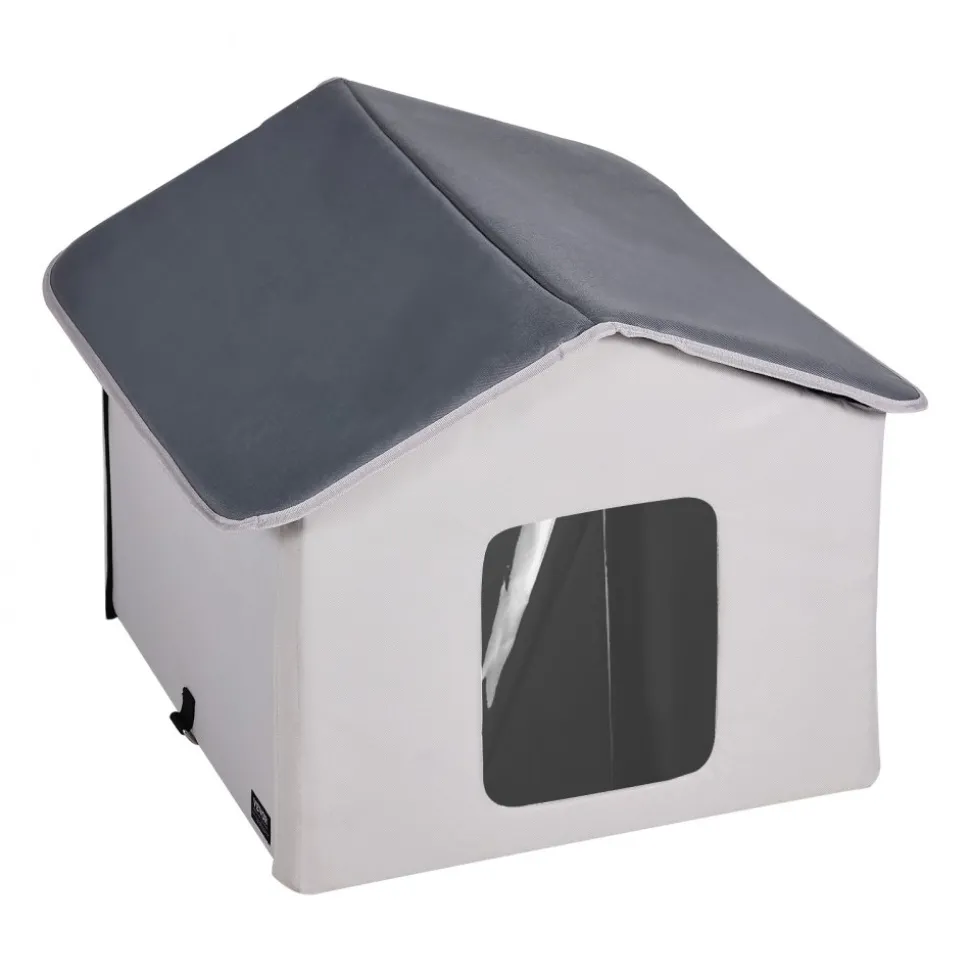 VEVOR Heated Cat House, Outdoor Kitty Shelter with Timer, 600D Oxford Cloth Foldable Cat Shelter with Heated Pad for Winter to Stay Warm and Cozy, Gray (Middle)