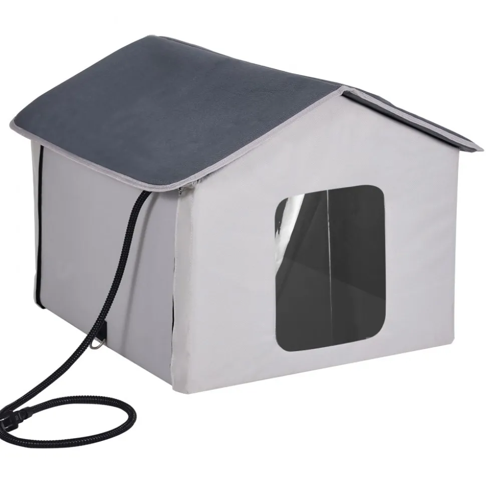 VEVOR Heated Cat House, Outdoor Kitty Shelter with Timer, 600D Oxford Cloth Foldable Cat Shelter with Heated Pad for Winter to Stay Warm and Cozy, Gray (Middle)