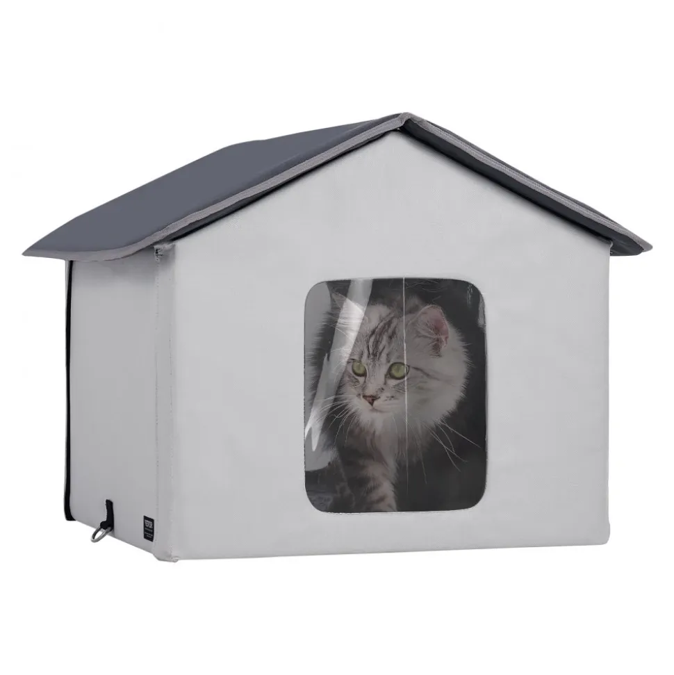 VEVOR Heated Cat House, Outdoor Kitty Shelter with Timer, 600D Oxford Cloth Foldable Cat Shelter with Heated Pad for Winter to Stay Warm and Cozy, Gray (Middle)