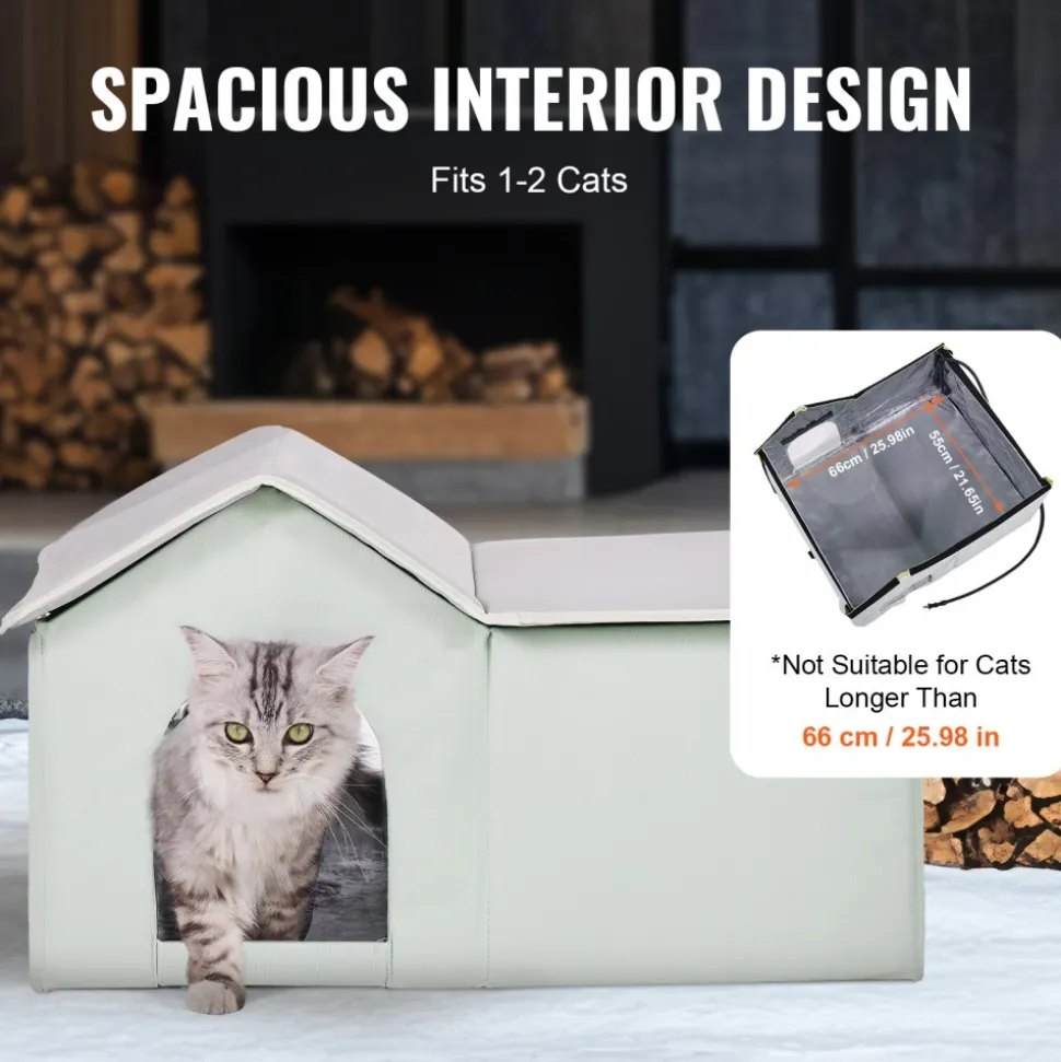 VEVOR Heated Cat House, Outdoor Kitty Shelter with Adjustable Temperature and Timer, 600D Oxford Cloth Foldable Cat Shelter with Heated Pad for Winter to Stay Warm and Cozy, Green (Large)