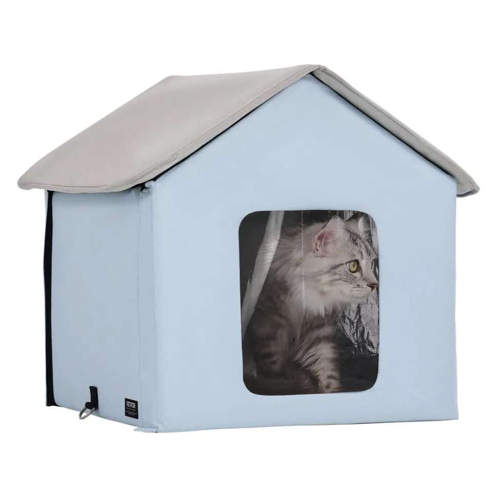 VEVOR Heated Cat House, Outdoor Kitty Shelter with Timer, 600D Oxford Cloth Foldable Cat Shelter with Heated Pad for Winter to Stay Warm and Cozy, Blue (Small)