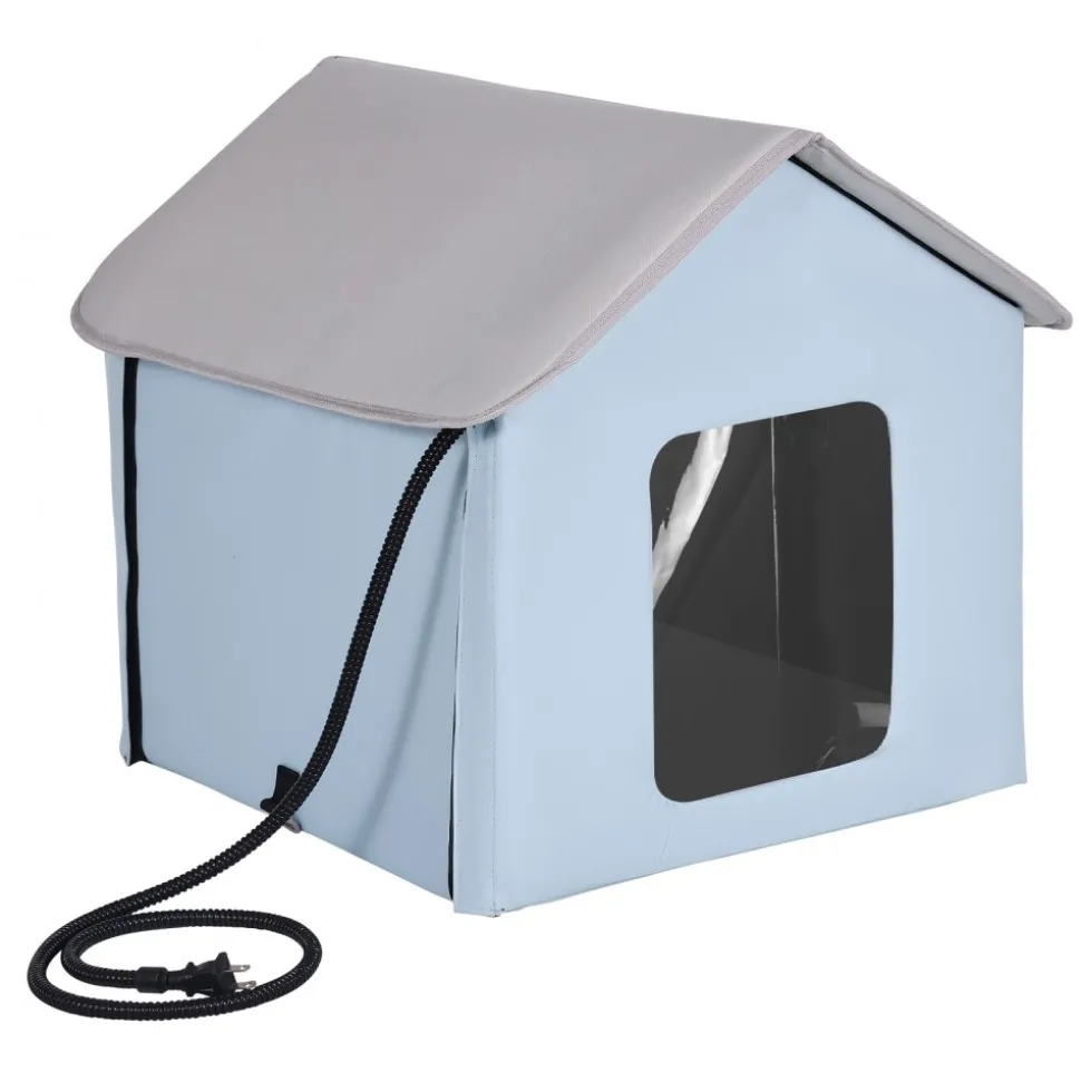 VEVOR Heated Cat House, Outdoor Kitty Shelter with Timer, 600D Oxford Cloth Foldable Cat Shelter with Heated Pad for Winter to Stay Warm and Cozy, Blue (Small)