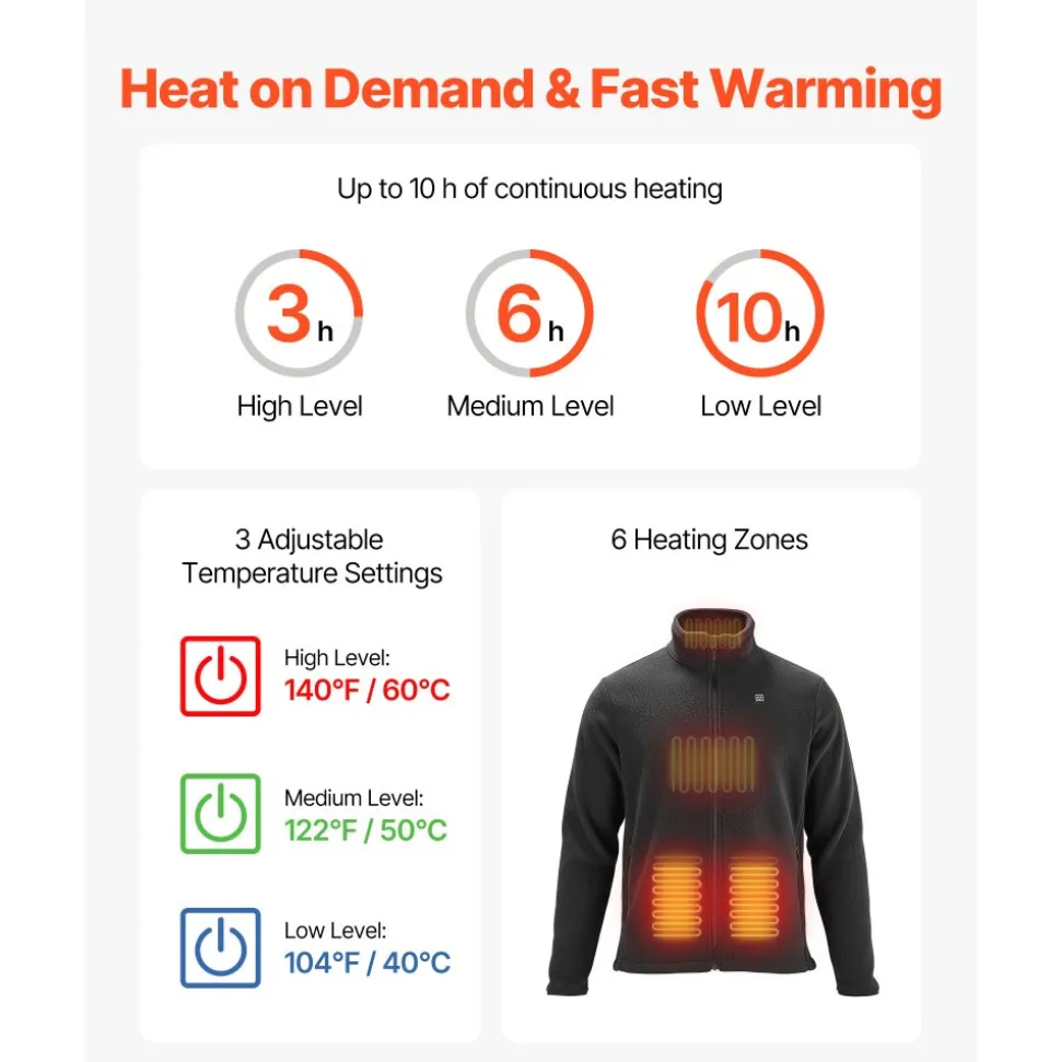 VEVOR Heated Fleece Jacket for Men, Heated Sweatshirt with 7.4V 16000mAh Rechargeable Power Bank Pack, 6 Heating Zones, 3 Temp Levels, 3h/6h/10h Warmth, for Winter Outdoor Camping, Black, M Size