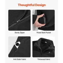 VEVOR Heated Fleece Jacket for Women, Heated Sweatshirt with 7.4V 16000mAh Rechargeable Power Bank Pack, 6 Heating Zones, 3 Temp Levels, 3h/6h/10h Warmth, for Winter Outdoor Camping, Black, L Size